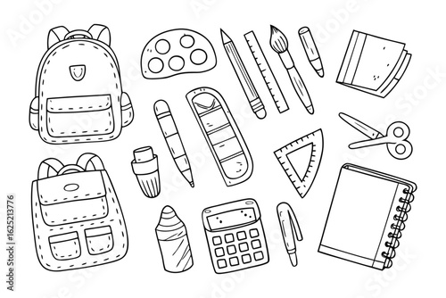 School Essentials: A charming collection of essential school supplies, perfectly arranged to inspire creativity and learning. Featuring backpacks, drawing tools, and stationery.