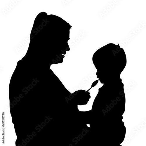 Mother feeding child silhouette with spoon, against a stark white backdrop. This touching silhouette captures care and nurturing as mom tends to her little one with love.