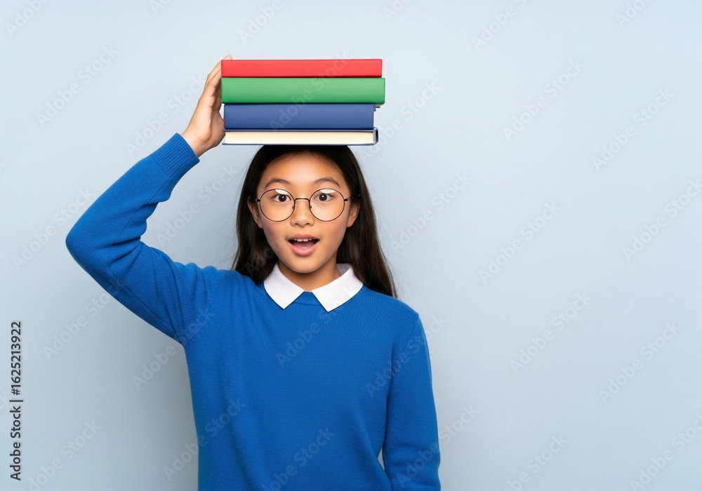 Obraz premium A preteen girl, positioned slightly off-center to the left side of the image, is holding a stack of books balanced on her head