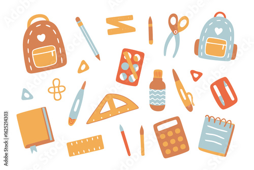 Essential School Tools: A collection of vibrant school supplies, from colorful pens and pencils to notebooks and backpacks, ready for learning and creativity.