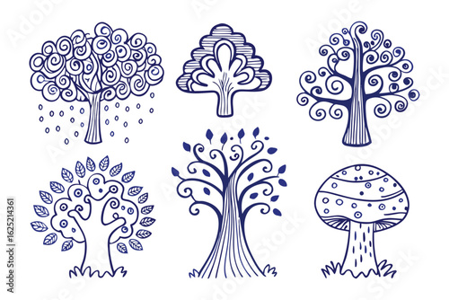 Whimsical Tree Collection: A hand-drawn illustration showcases six unique and charming trees, each with its own distinct shape and style. A playful ode to the beauty and diversity of nature.