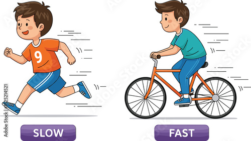 Cartoon children demonstrating slow and fast movement, running and cycling comparison, speed illustration, educational activity, motion difference, vector artwork, kids learning