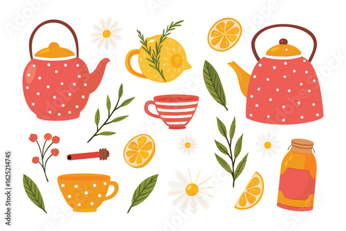 Tea Time Delights: A charming assortment of tea-related elements, including teapots, cups, lemon slices, herbal sprigs, chamomile flowers and honey.