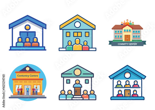 Vector icons of community centers and buildings with people inside them