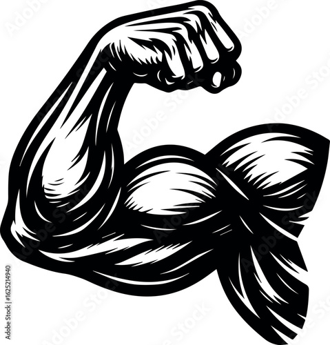 Strong Biceps Muscle Flexing Black and White Illustration