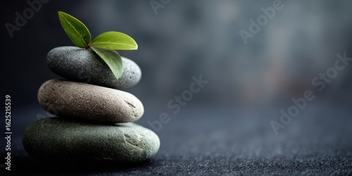 The harmonious stack of stones with a green leaf symbolizing tranquility.