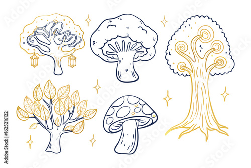 Enchanted Forest Elements: An enchanting ensemble of whimsical forest elements, featuring meticulously drawn trees and mushrooms, exuding a sense of fairy-tale charm. 