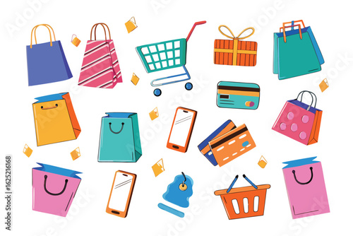 Digital Retail Reverie: A vibrant tableau of shopping essentials unfolds, featuring an array of stylized shopping bags, credit cards, smartphones, a shopping cart, and a gift.