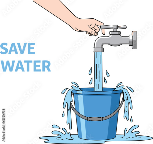 Hand turning off faucet to save water, blue bucket overflowing under running tap, environmental awareness, water conservation message, illustration concept