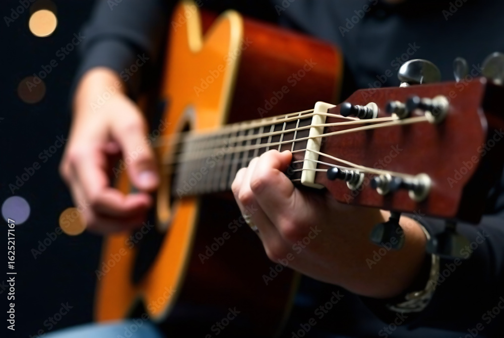 Fototapeta premium Close-up of a guitarist's hands playing an acoustic guitar on a stage. Focus on the expressive hands and the guitar. Recreation and hobby passion concept.