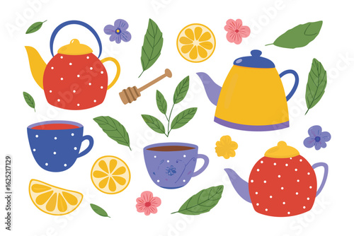 Teacups and Teapots Illustration: A charming collection of vibrant, hand-drawn teacups, teapots, and accompanying botanical elements, perfect for evoking feelings of warmth, relaxation.