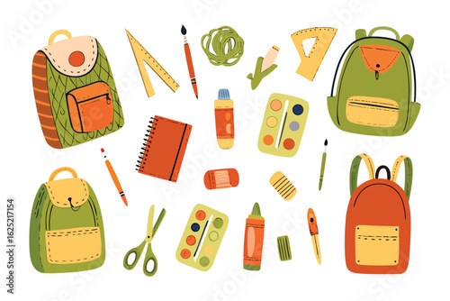 Back to School Essentials: A vibrant collection of school supplies, including backpacks, paint, scissors, and writing tools, ready for a new academic year. 