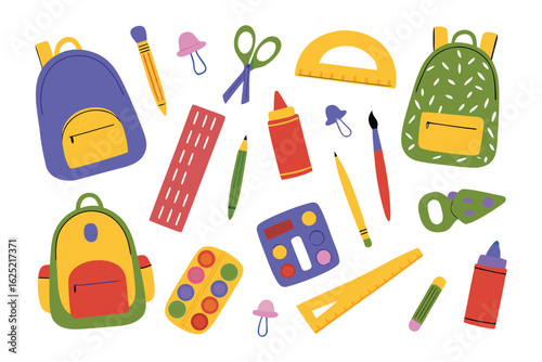 Back-to-School Essentials: A vibrant collection of school supplies, from colorful backpacks and writing tools to essential drawing kit, all meticulously arranged. 