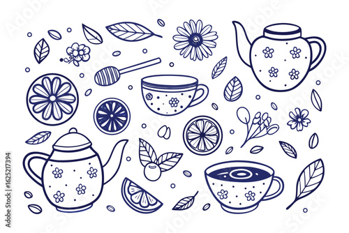 Herbal tea essentials: A detailed illustrated set of delightful line art showcasing a curated collection of herbal tea elements: a serene tea time.