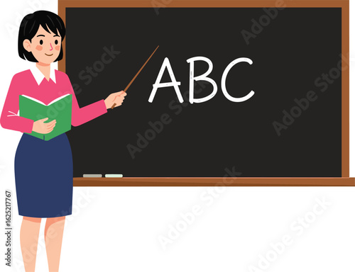 Teacher standing beside blackboard, pointing at ABC letters, education illustration, classroom learning concept, school scene, book in hand, alphabet focus