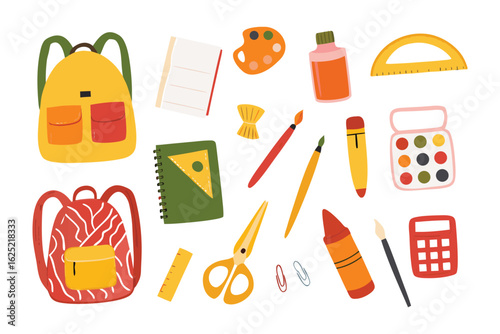 School Supplies Collection: An assortment of essential school supplies, carefully arranged to inspire creativity and learning, embodying the spirit of academic readiness.