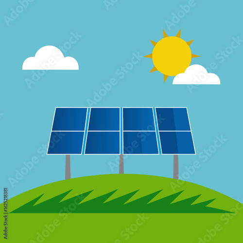 Solar panels on a grassy hill under a sunny sky
