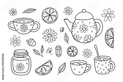 Floral Tea Time Illustration: A delightful hand-drawn illustration features a teapot, teacups, chamomile flowers, lemon slices, and a jar of honey.