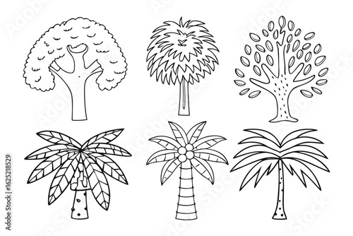 Variety of Trees: A collection of artistic tree illustrations, showcasing the diversity of arboreal forms, perfect for design projects.