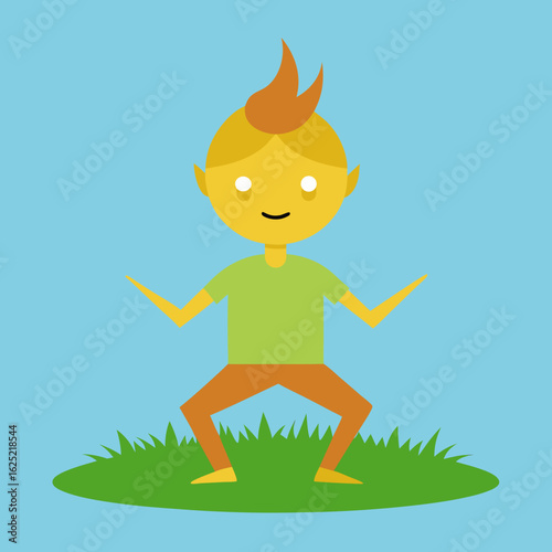 Cartoon boy in a green shirt and orange pants doing a yoga pose on grass