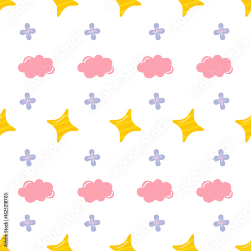 Cute Clouds Stars and Flowers Seamless Pattern