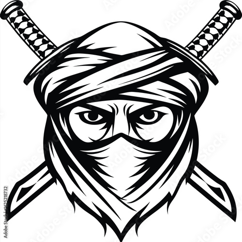 Intense warrior gazes fiercely from behind the mask with crossed swords in black and white