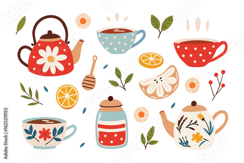 Tea Time Treasures: A delightful collection of floral teapots, patterned teacups, and fresh fruit accents, offering a warm invitation to a relaxing tea experience.