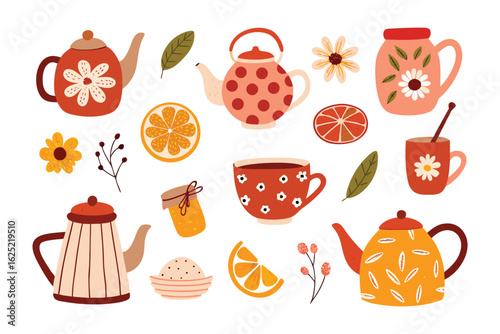 Tea Party Still Life: A charming composition of teacups, teapots, and delightful tea-time accessories arranged in a captivating flat lay. Showcasing the inviting essence of relaxation, togetherness.