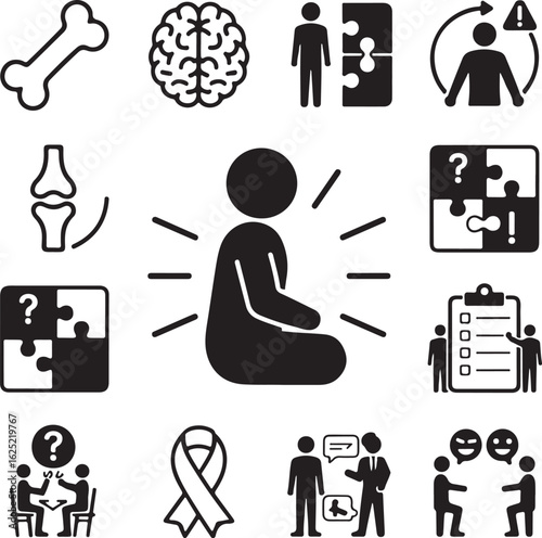 Medical and mental health icon pack. Vector symbols for illness, diagnosis, therapy, awareness, and chronic conditions.