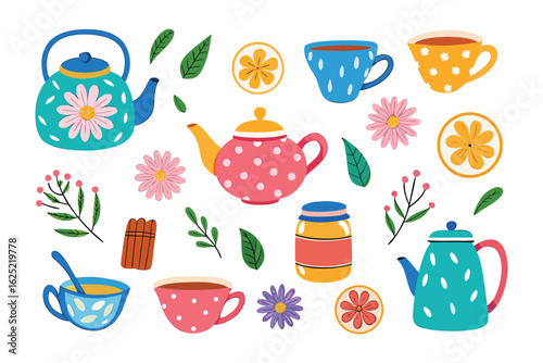 Tea Party Elements: A delightful collection of hand-drawn illustrations showcasing the charming elements of a cozy tea party, inviting viewers into a world of warmth, elegance, and culinary art.