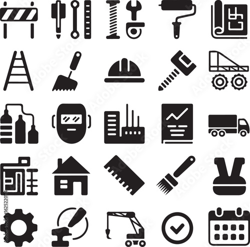 A comprehensive set of solid glyph icons representing construction, building, engineering, and industrial work tools.