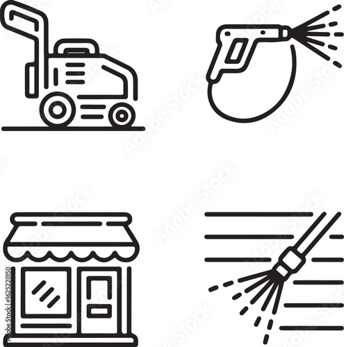 A collection of line art icons representing a power washing service, including a pressure washer, spray nozzle, commercial building, and surface cleaning.