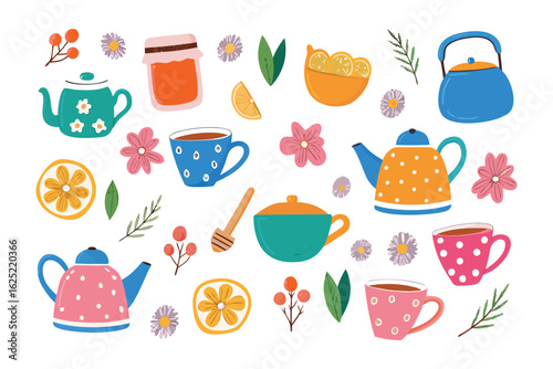 Tea Party Delight: A vibrant illustration showcases a cheerful tea party with an array of colorful teacups, teapots, lemon slices, honey, flowers, and greenery.