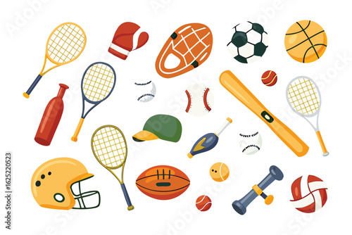 Sports Gear Array: An array of vibrant sports equipment. A comprehensive collection of various sports equipment ready for action.