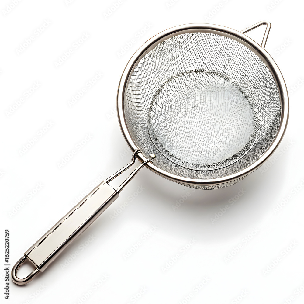 A handheld mesh strainer with a fine metal mesh and handle, ideal for sifting, A handheld mesh strainer with a fine metal mesh and handle, ideal for sifting,