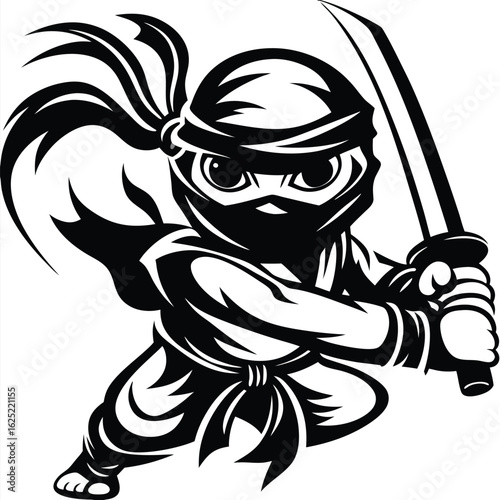 Cartoon ninja character with a fierce face brandishing a sword in monochrome style
