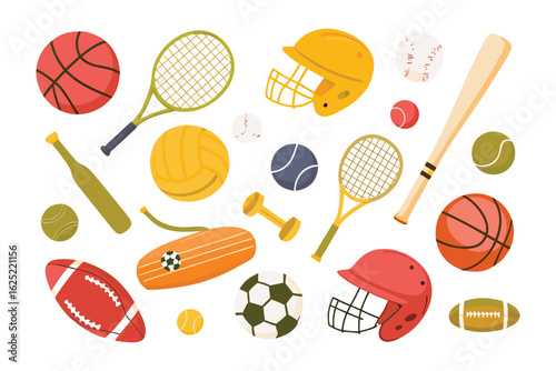 Sports Equipment Collection: A vibrant assortment of sports equipment, artfully arranged, showcasing a range of gear from various athletic disciplines.