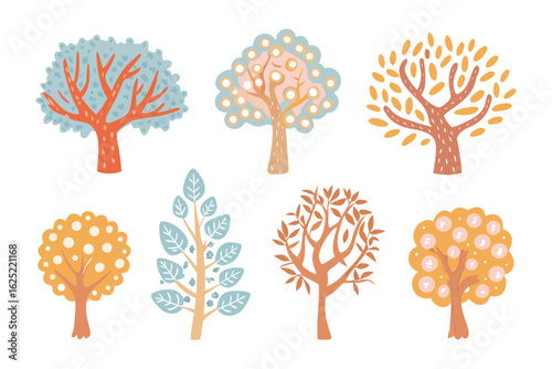 Whimsical Tree Collection: An enchanting collection of artful illustrations of stylized trees, each boasting a unique charm and aesthetic. These illustrative trees, rich in detail and color.