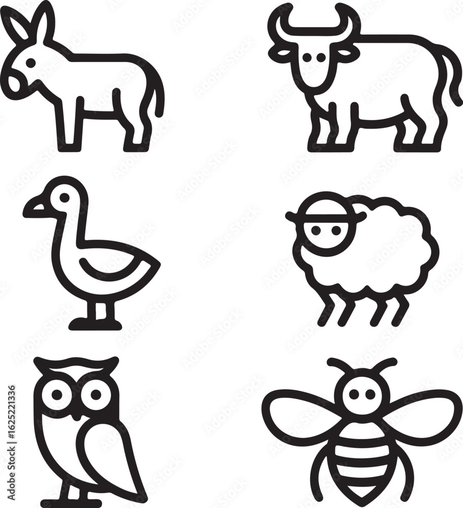 Obraz premium Minimalist animal icon set in a bold outline style. Vector collection of farm and wild animal pictograms like a donkey, bull, sheep, duck, owl, and bee.