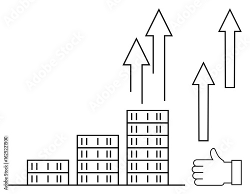 Bar chart progressing upwards with arrows symbolizing growth, success, and achievement. Thumbs-up icon adds a positive reinforcement element. Ideal for business growth, investment, progress