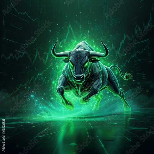 Dynamic bull charges forward, symbolizing financial market growth and bullish trends with vibrant green energy