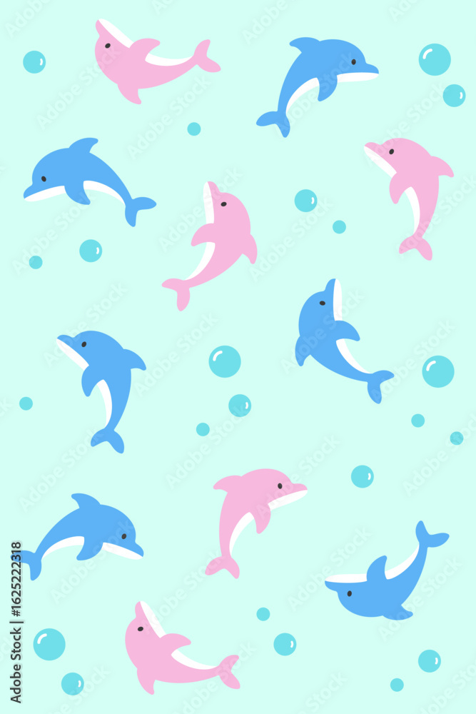 Fototapeta premium Playful pink and blue dolphin pattern with air bubbles on aquatic blue. Great for underwater-themed fabrics, summer prints, or ocean nursery decor.