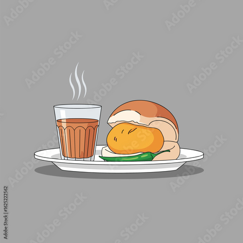 Indian street food vada pav with masala chai served on a plate