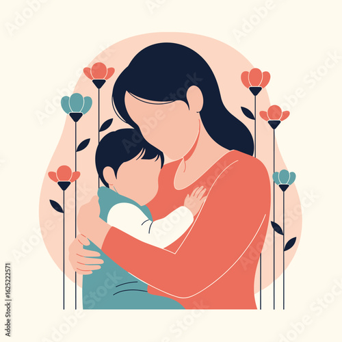A loving mother embraces her child surrounded by beautiful blooming flowers