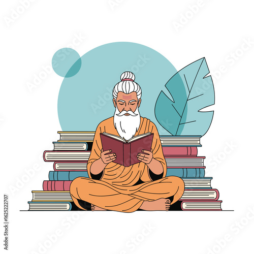 Ancient wise man deeply engrossed in reading a book surrounded by many books