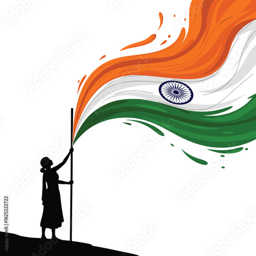 Indian woman hoisting the national flag with vibrant colors flowing symbolizing unity and freedom