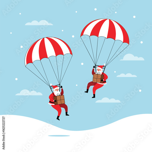 Two santa clauses parachuting down with presents for christmas celebration