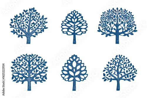 Harmonious Tree Set: A collection of intricately designed trees, each with unique branch and leaf patterns, rendered in a serene blue, showcasing the diversity and beauty of nature's arboreal forms.