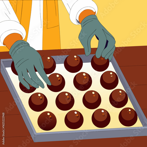 Chocolate confectioner arranging truffles on tray in workspace  