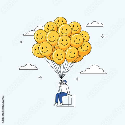 Man flying high above clouds holding bunch of smiley face balloons sky adventure fun